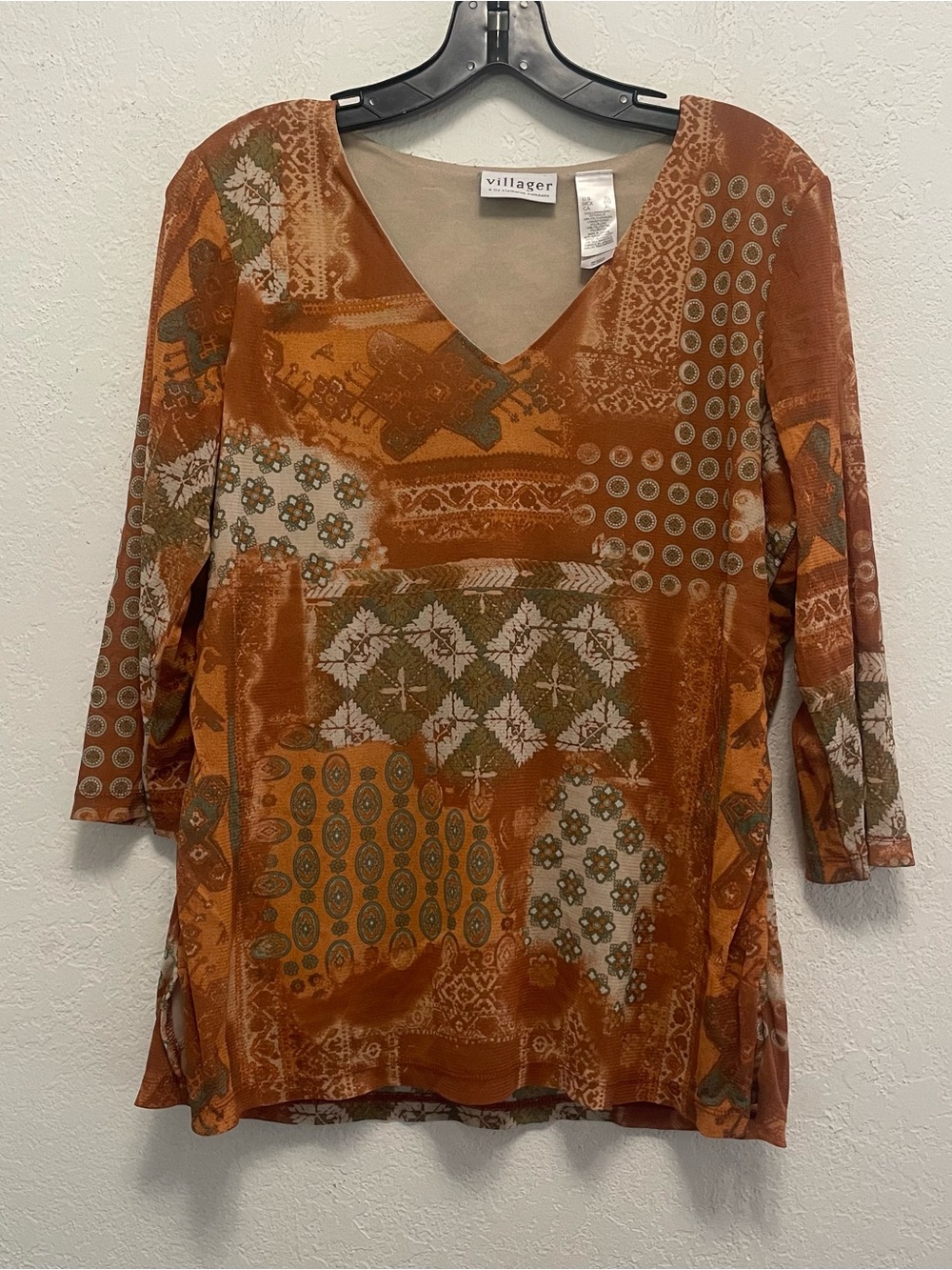 Villager by Liz Claiborne XL 3/4-sleeve orange and green patchwork-print shirt